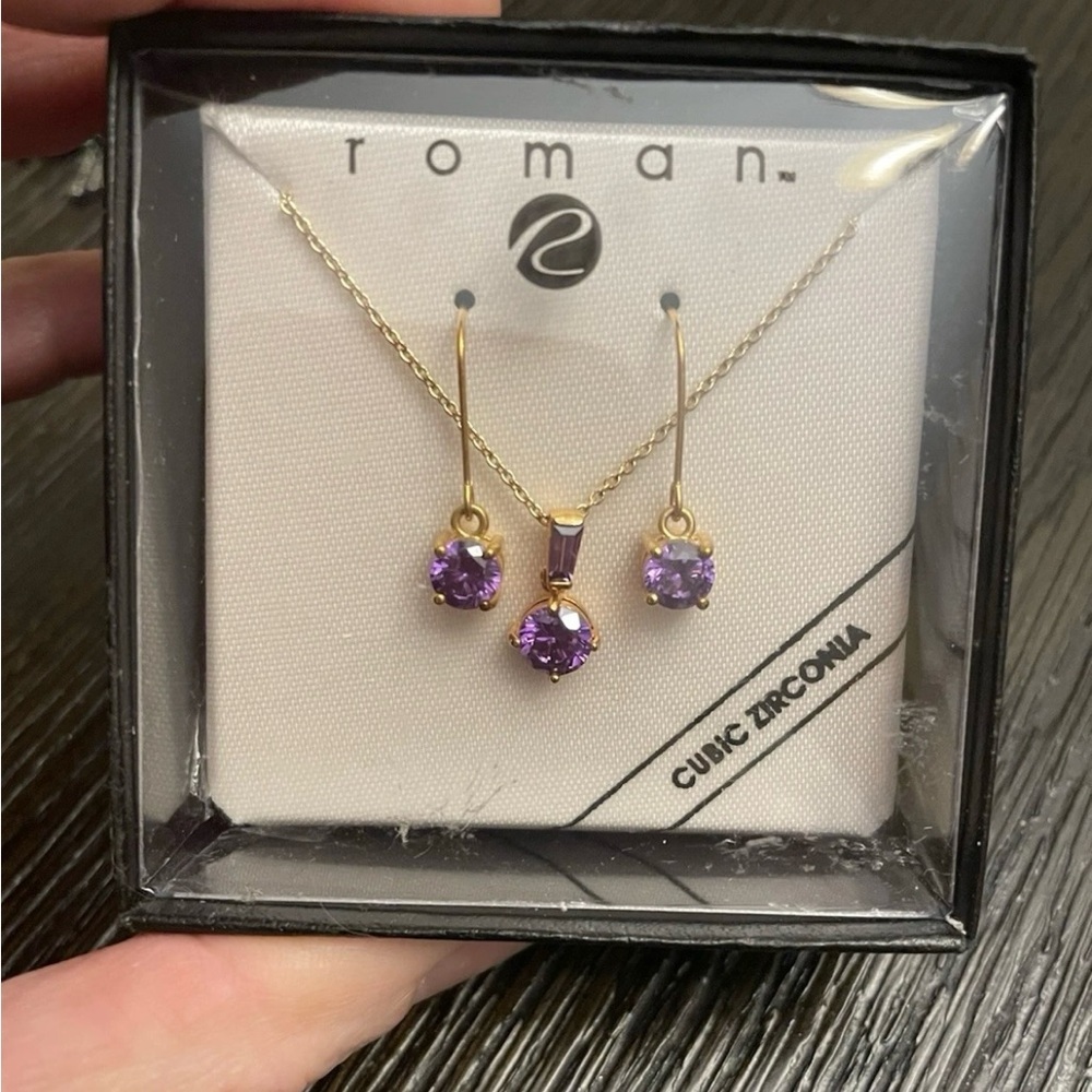 Roman Gold-Tone Necklace & Earring Set with Purple Cubic Zirconia‎
